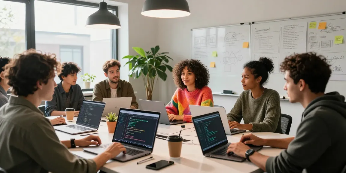 Team of developers collaborating on Open Claw skills in a modern workspace, showcasing innovation and community.