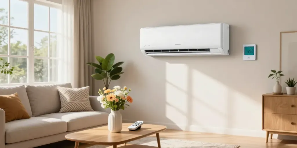 18k BTU mini split unit in a bright living room, showcasing comfort and style.