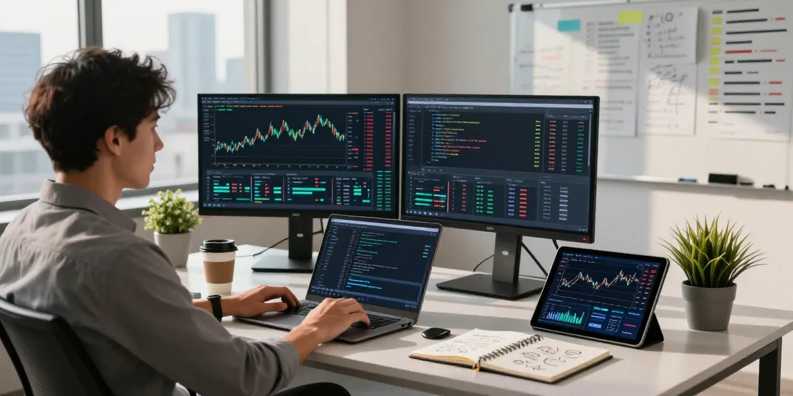 Asian stock index API showcased in a modern development workspace with live trading charts, coding interface, and advanced financial tools.