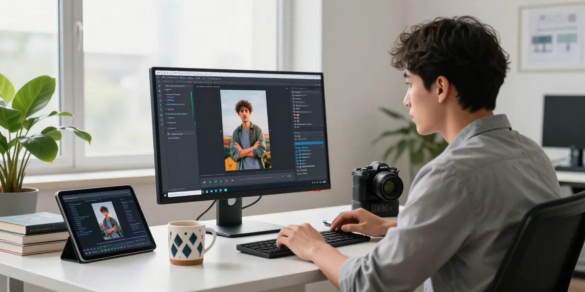Using a free ai image detector in a tech-savvy workspace, analyzing AI-generated images.