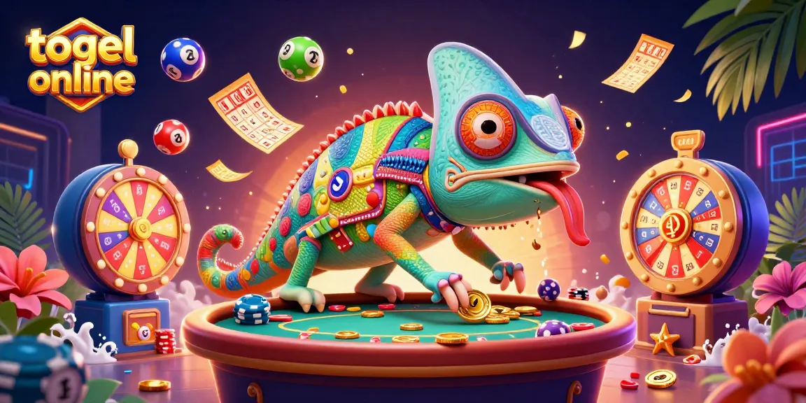 Experience the excitement of togel online with a vibrant 3D casino scene featuring a colorful chameleon welcoming players.