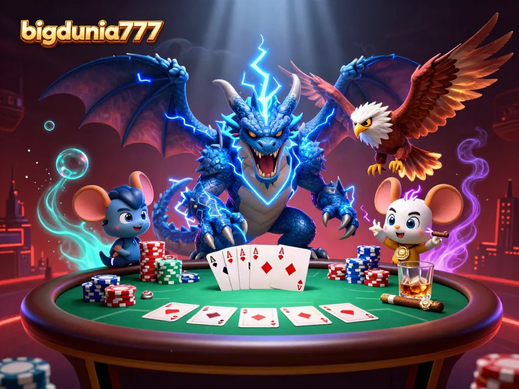 Join the fun at bigdunia777 with an exciting poker scene featuring vibrant characters and dynamic gameplay.