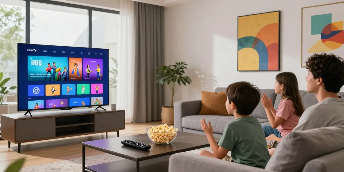 Family enjoying Iron TV streaming in a cozy living room with popcorn and a stylish setup.