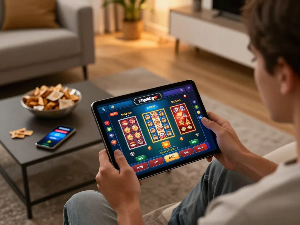 Engage in thrilling gameplay on the 789clubgo app with friends in a comfortable living room setting.