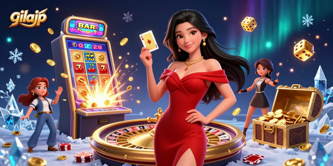 Engage in thrilling games at gilajp with a stunning Asian woman holding a golden playing card amid jackpots.