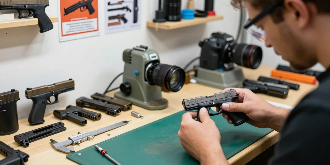 Gunsmith at https://precisionglockslides.com customizing Glock slide in professional workshop.