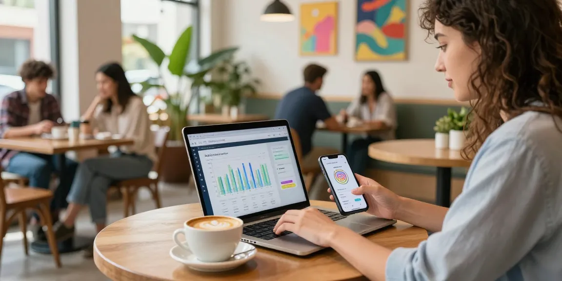 Social media manager analyzing metrics for real Instagram followers in a trendy café.