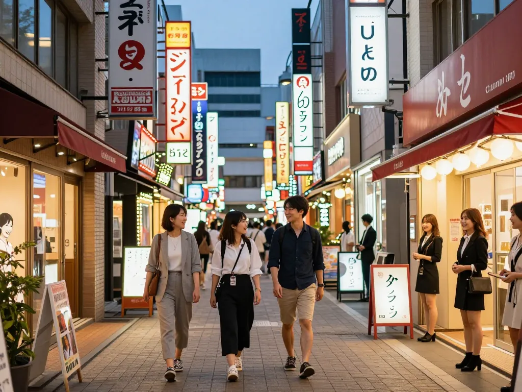 ネオンの看板が輝く活気ある中洲ソープランドの街並み、夜の魅力と魅力的な雰囲気を示す中洲 ソープ おすすめ。