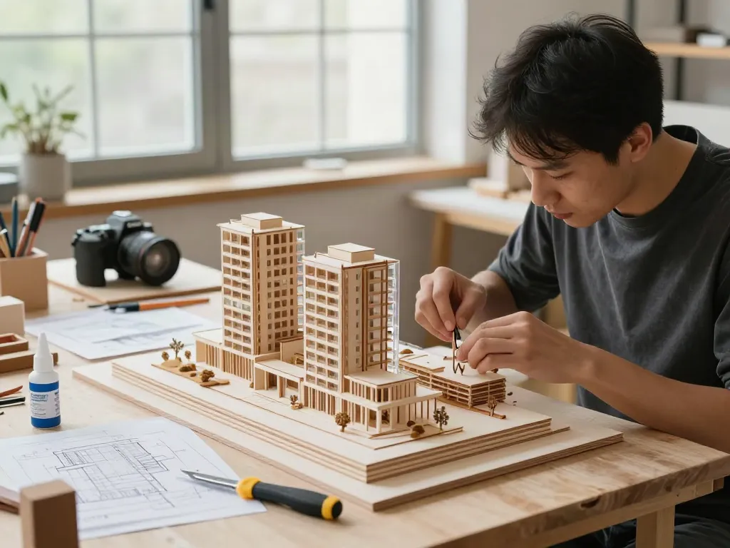 Architectural model maker Belgium crafting a detailed residential model in a bright workshop.