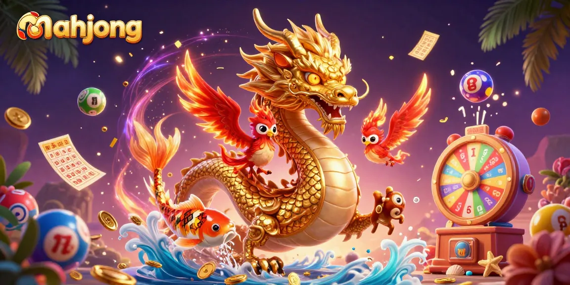 Play mahjong with a powerful dragon, phoenix, and koi fish in a vibrant casino scene.