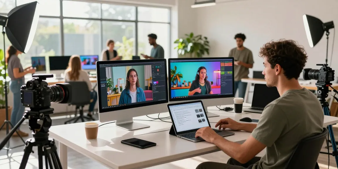 Content creators utilizing seedance ai in a vibrant studio, showcasing teamwork and creativity.