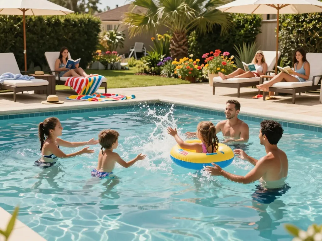 Dolphin Pool Services provide professional maintenance for families enjoying a sunny afternoon pool day.