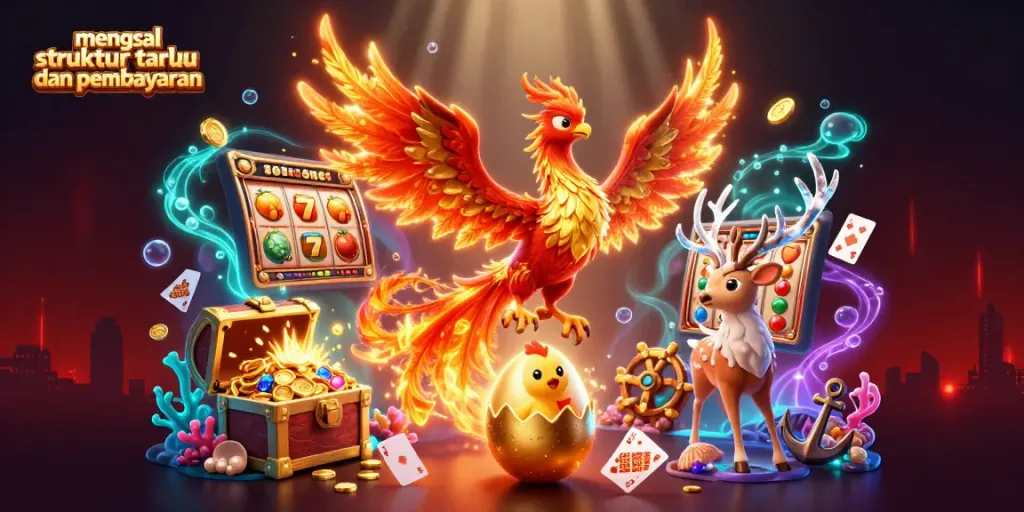 Ilustrasi 3D menampilkan struktur taruhan dan pembayaran dalam permainan slot, dengan karakter phoenix dan elemen kasino.