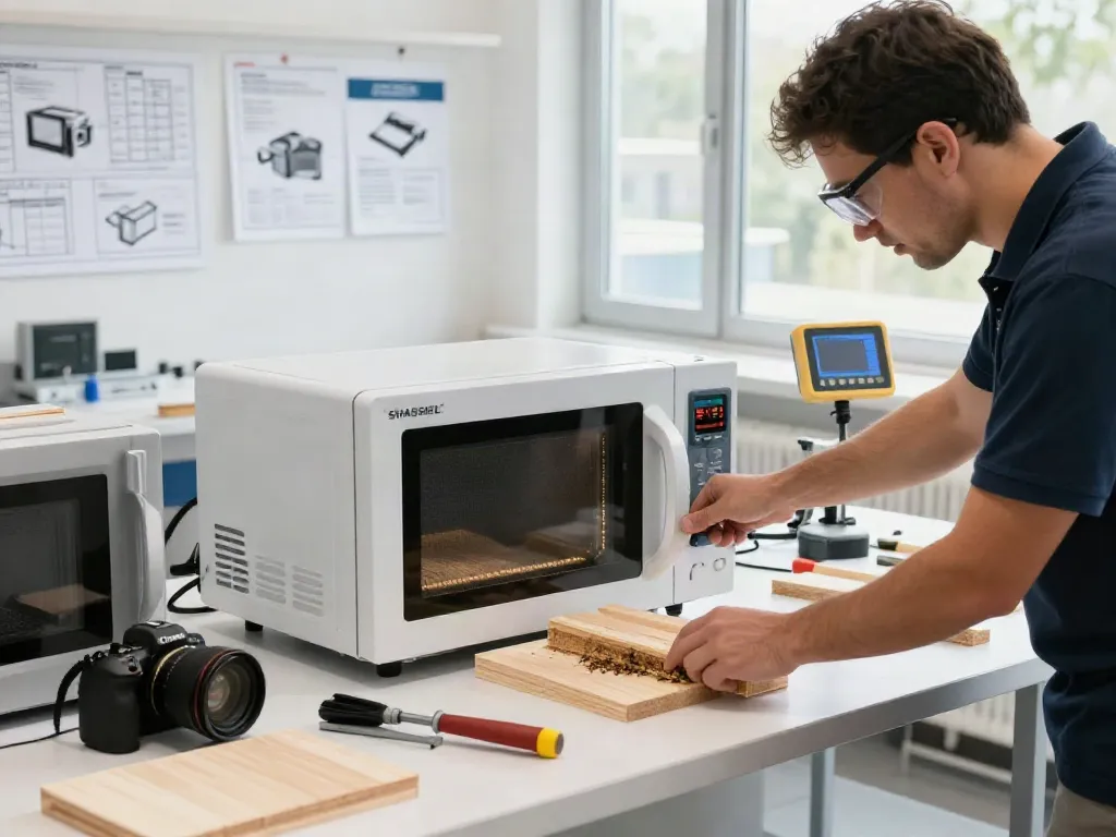 SHASHEL® technician using microwave technology to eliminate wood-boring insects in a modern workshop.