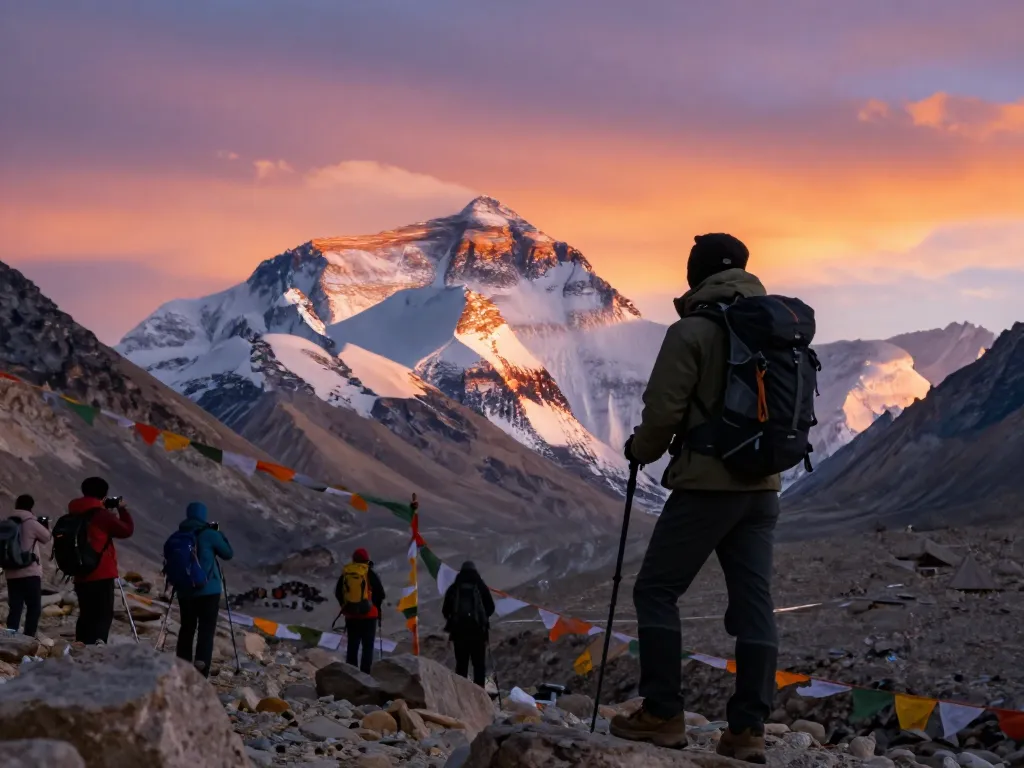 Traveler at Everest Base Camp admiring sunset views over majestic peaks, capturing adventure and exploration.