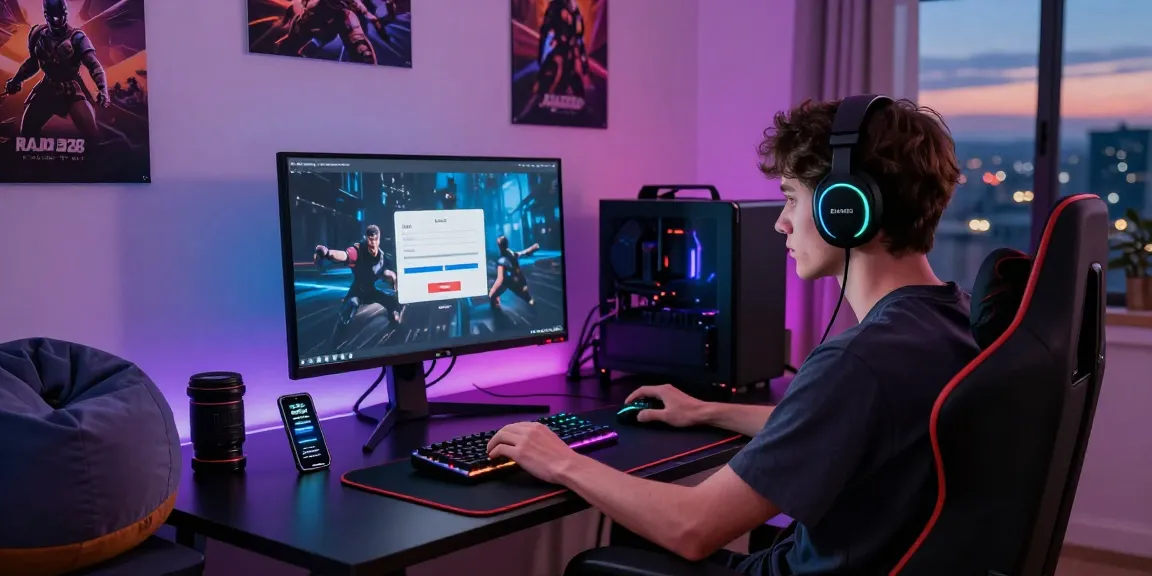 Engaged gamer logging in to Raja328 gaming platform with vibrant accessories.