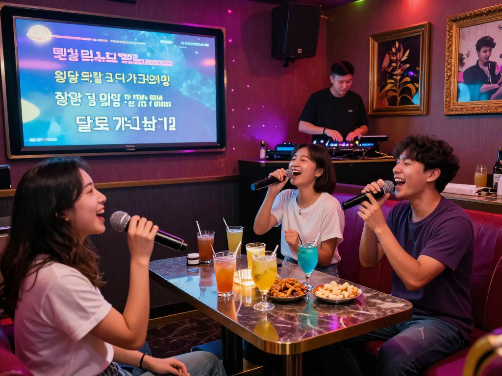 달토 가라오케에서 친구들과 함께 즐거운 노래를 부르고 있는 모습, 생동감 넘치는 분위기