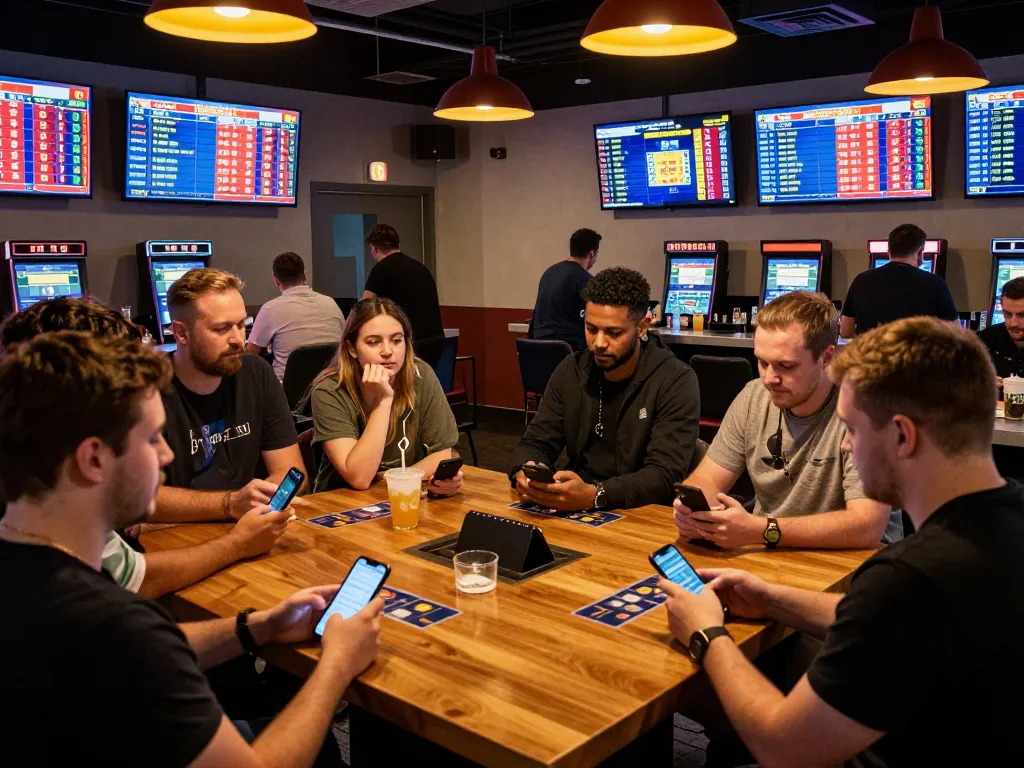 Bongdallu enhancing the sports betting experience in a lively lounge with engaged bettors evaluating odds
