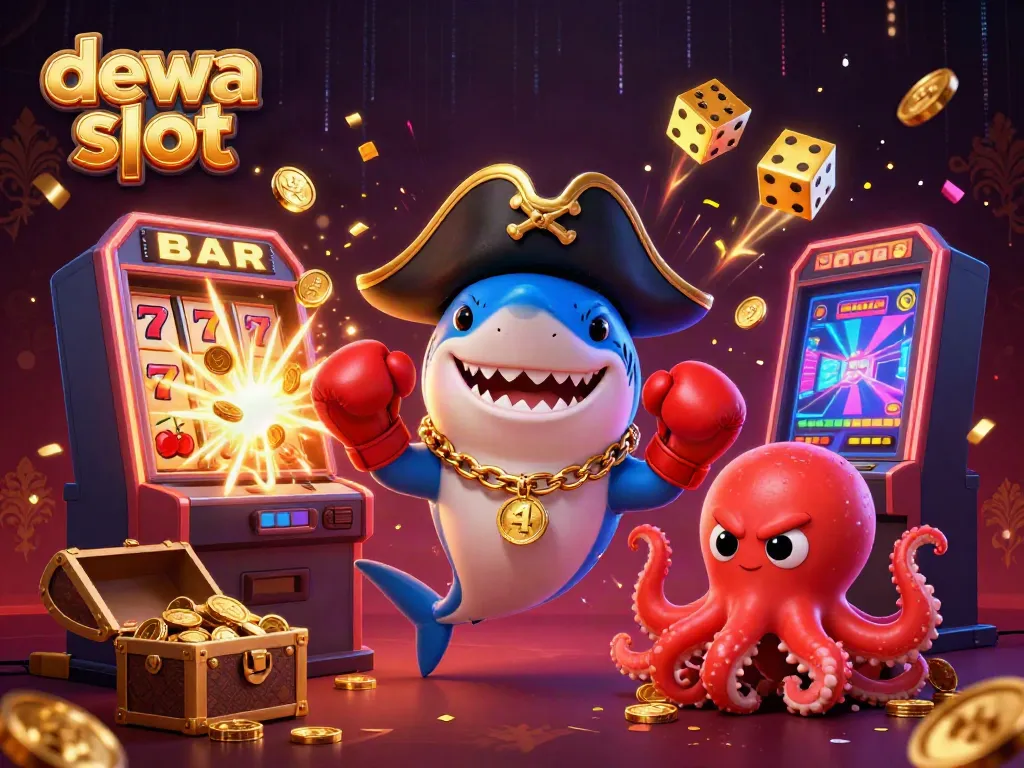 Bermain dewa slot dengan dinosaurus lucu dan harta karun berlimpah, simbol keberuntungan di sekitarnya.
