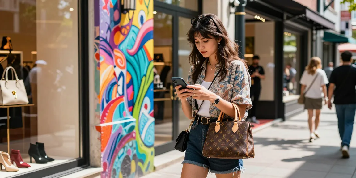 Stylish woman exploring high-quality 레플리카 fashion items in vibrant urban setting.