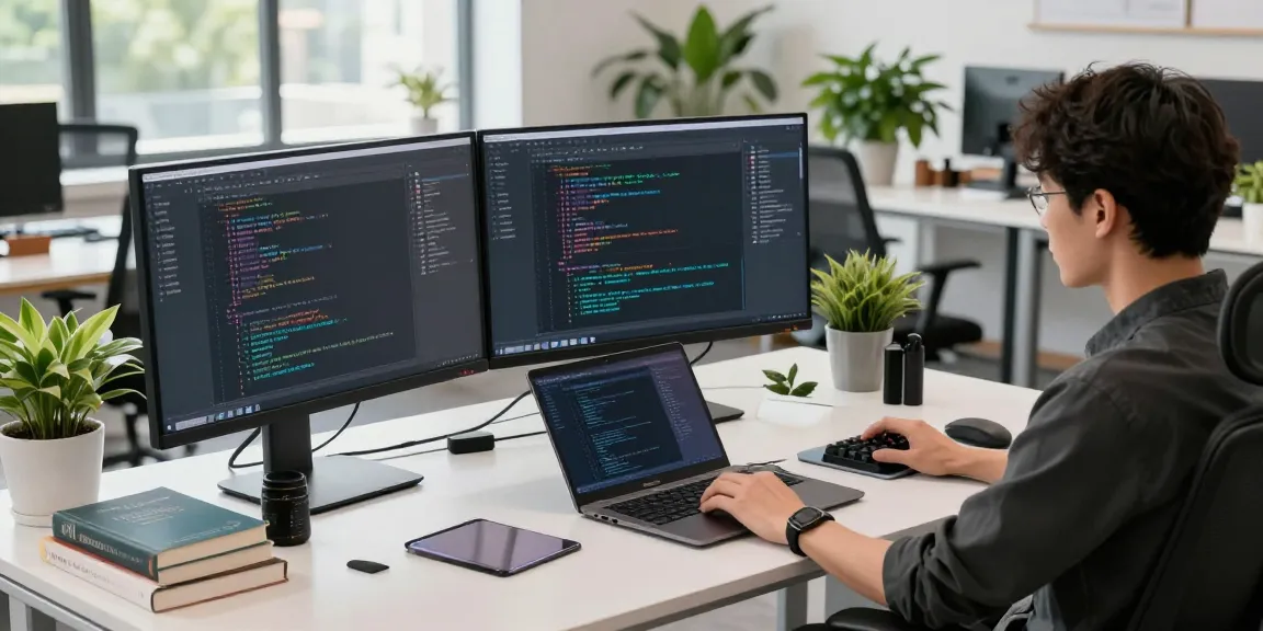 Dynamic workspace for a developer coding 纸飞机中文版 on dual monitors in a modern tech office.