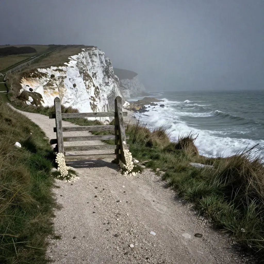 Chalk coast path above fossil beds as spray climbs the cliff beside a weathered stile.