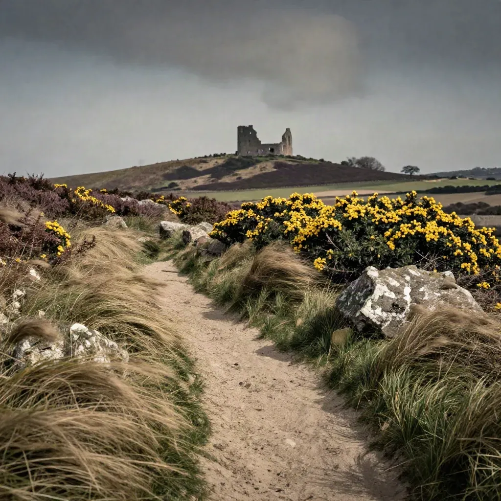 Purbeck path through gorse toward distant castle ruins under moving cloud shadow