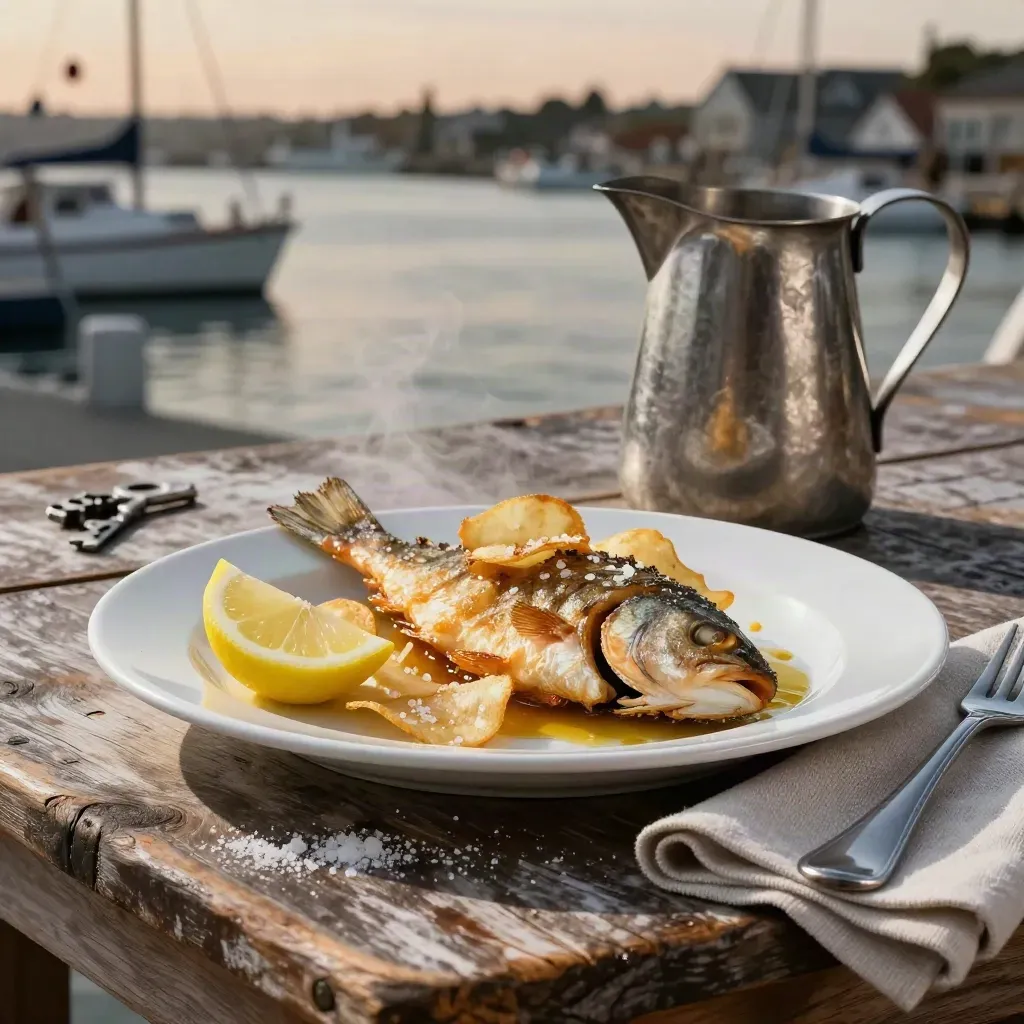 Seafood plate with chips, lemon and metal jug on a weathered harbour table