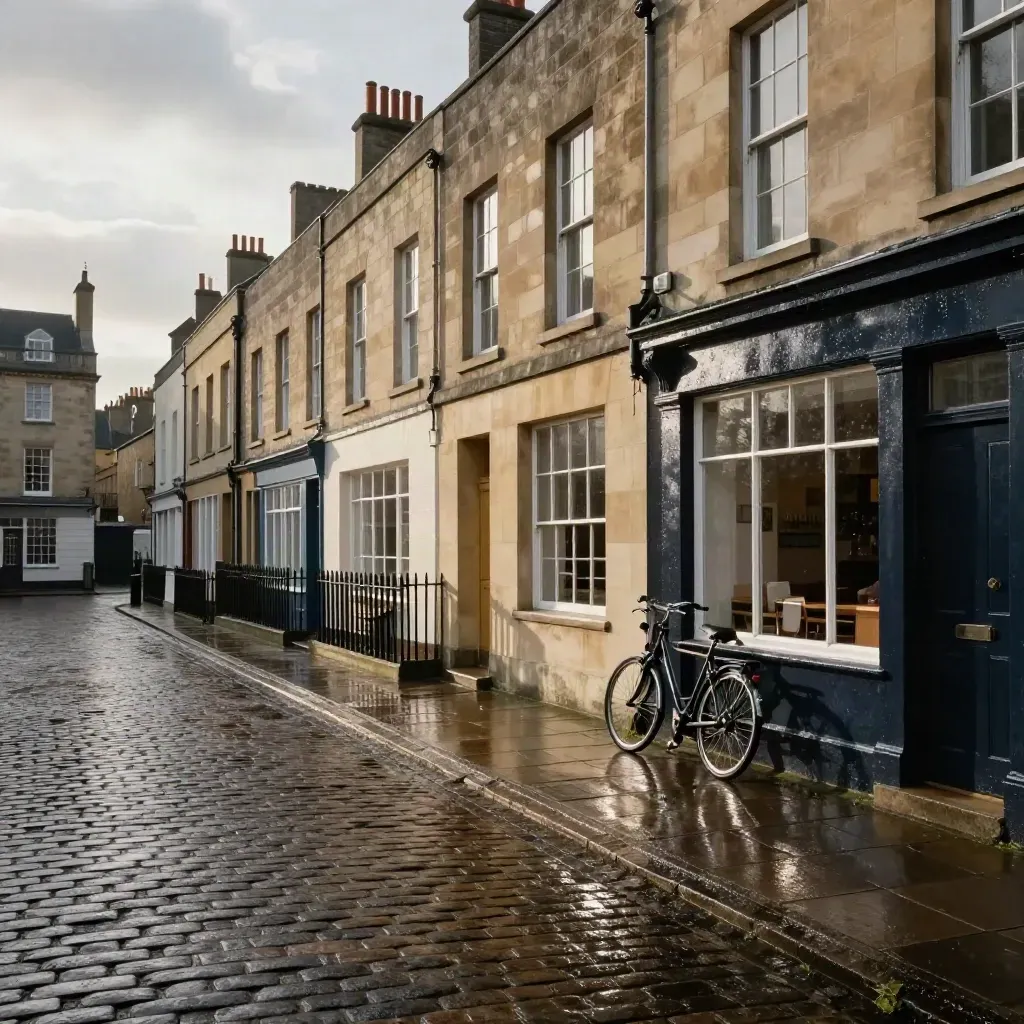 Dorchester market square after rain, sandstone façades, parked bicycle, glint on wet cobbles.