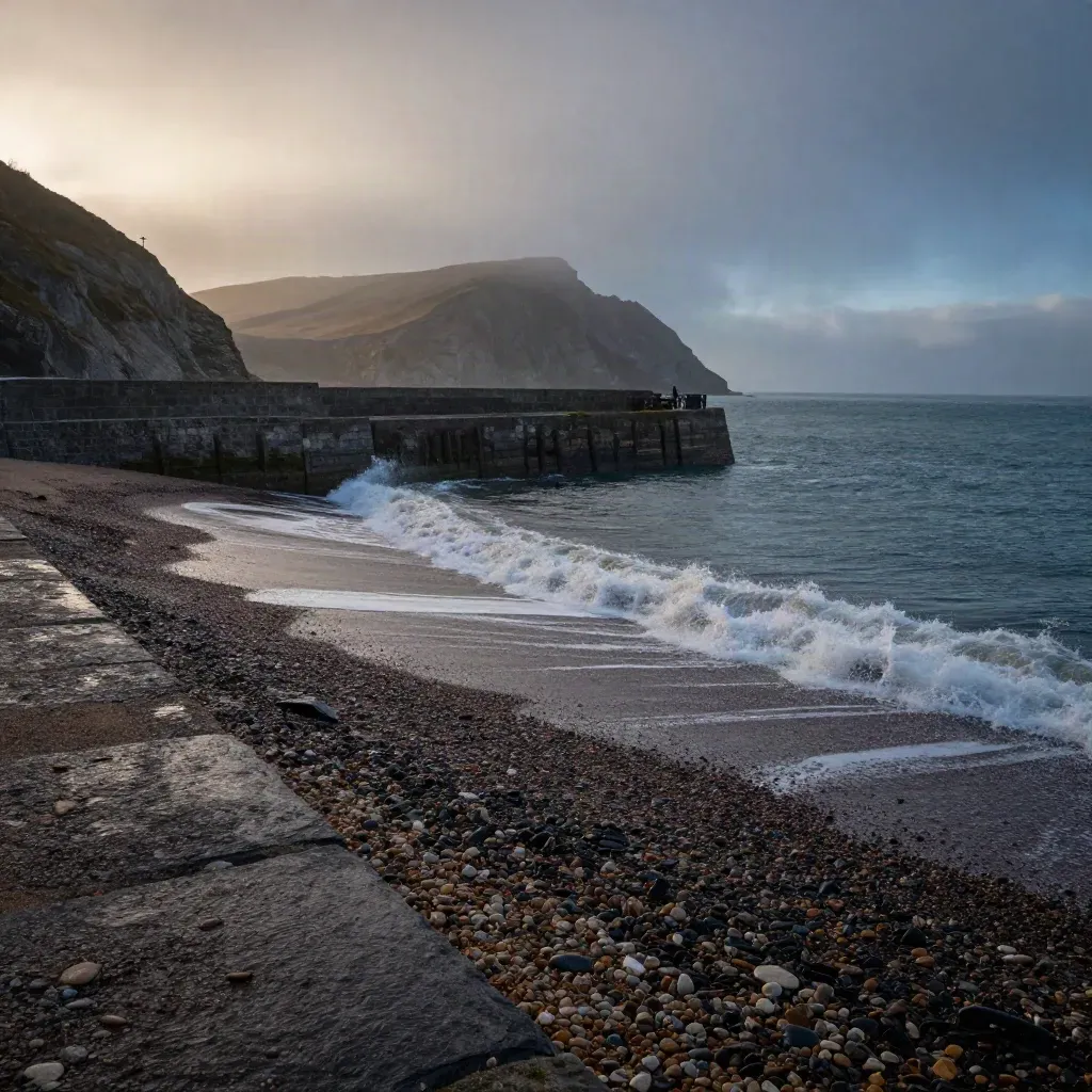 Blue-hour Lyme Regis Cobb and shingle beach with spray, still harbour water, and cliffs beyond.