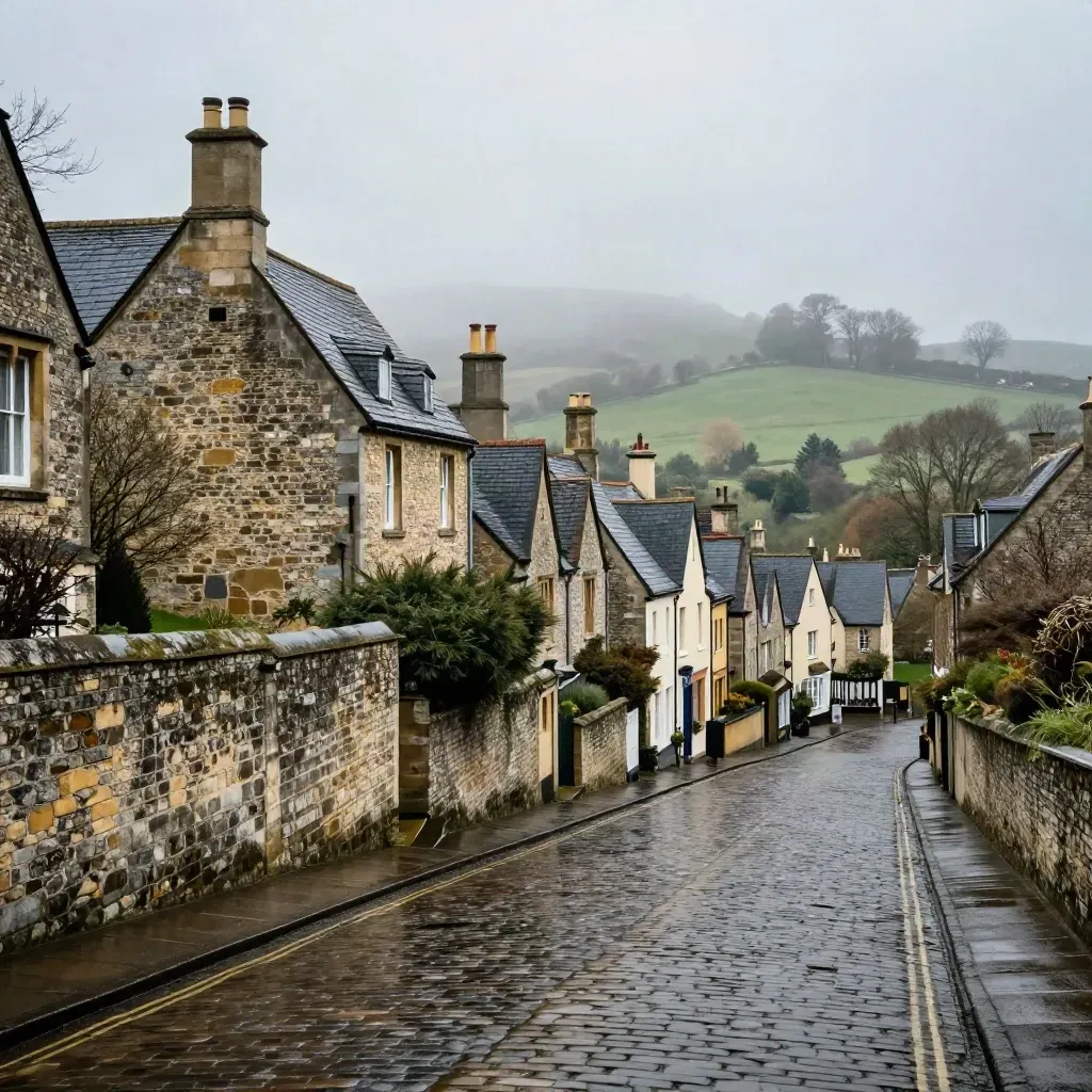 Steep wet cobbled Gold Hill in Shaftesbury, flint walls, chimneys and misty downs