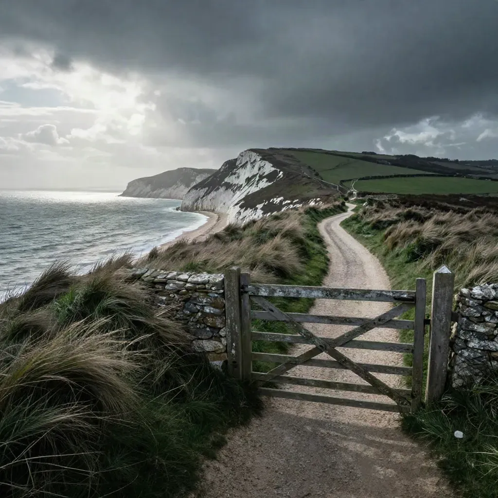Cliff gate on the Dorset Coast Path with wind-bent grass and sea beyond
