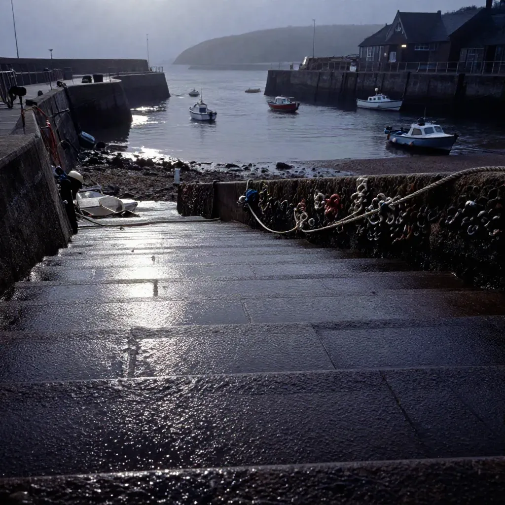Lyme Regis harbour steps glisten at blue hour beside boats and the Cobb in salt mist.