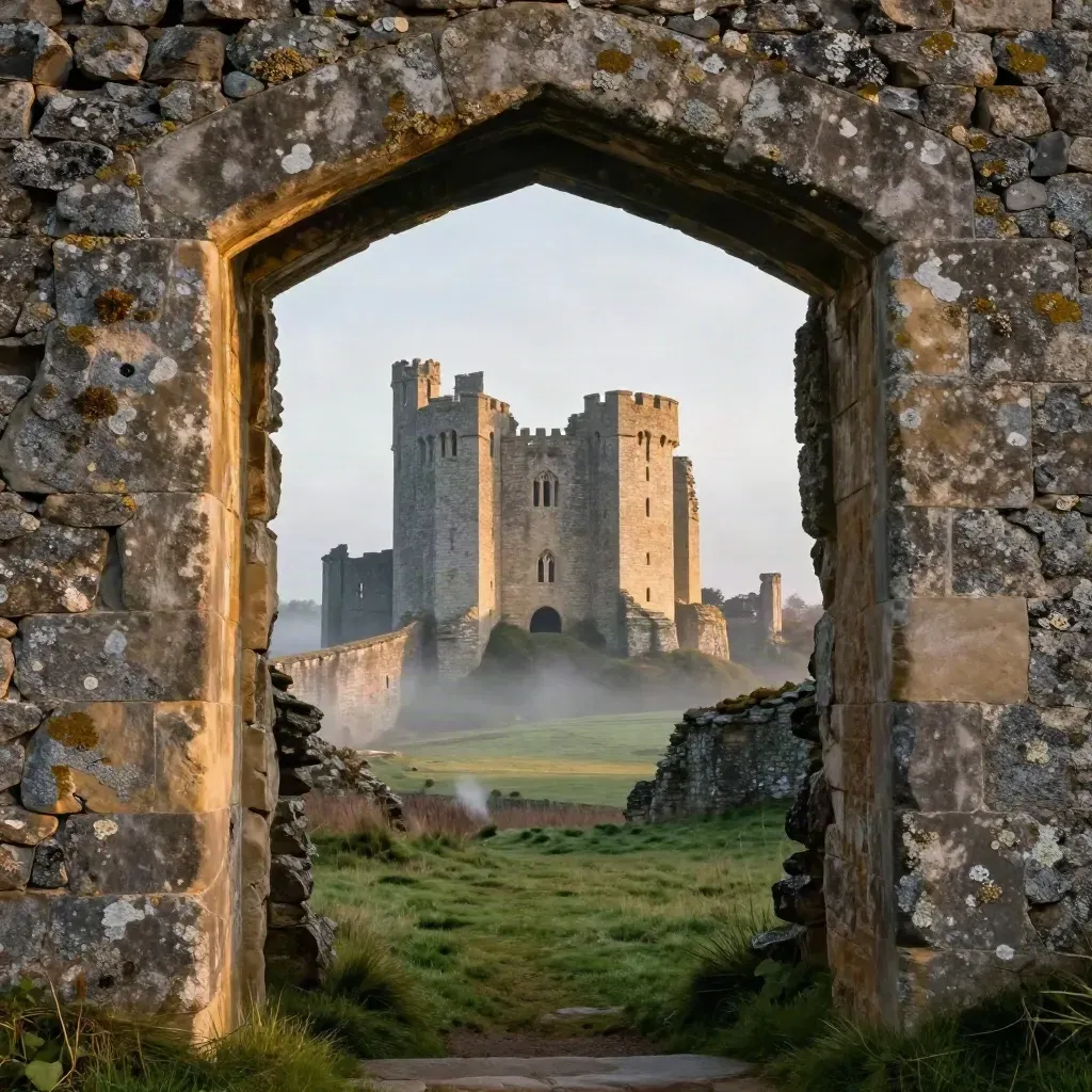 Corfe Castle through a stone arch at sunrise with mist and meadow grass
