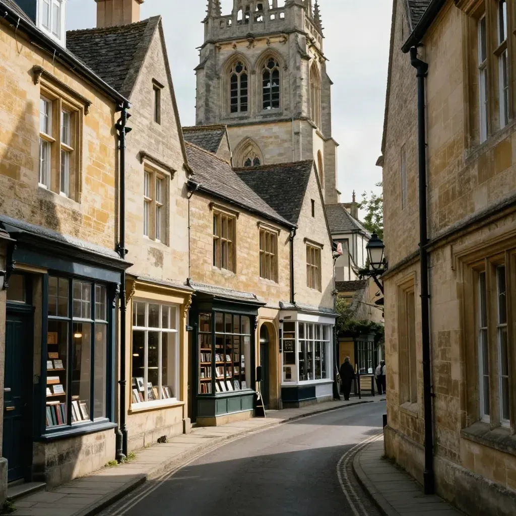 Sherborne Abbey lane with honey-stone fronts, café courtyard, bookshop windows, and the abbey tower.