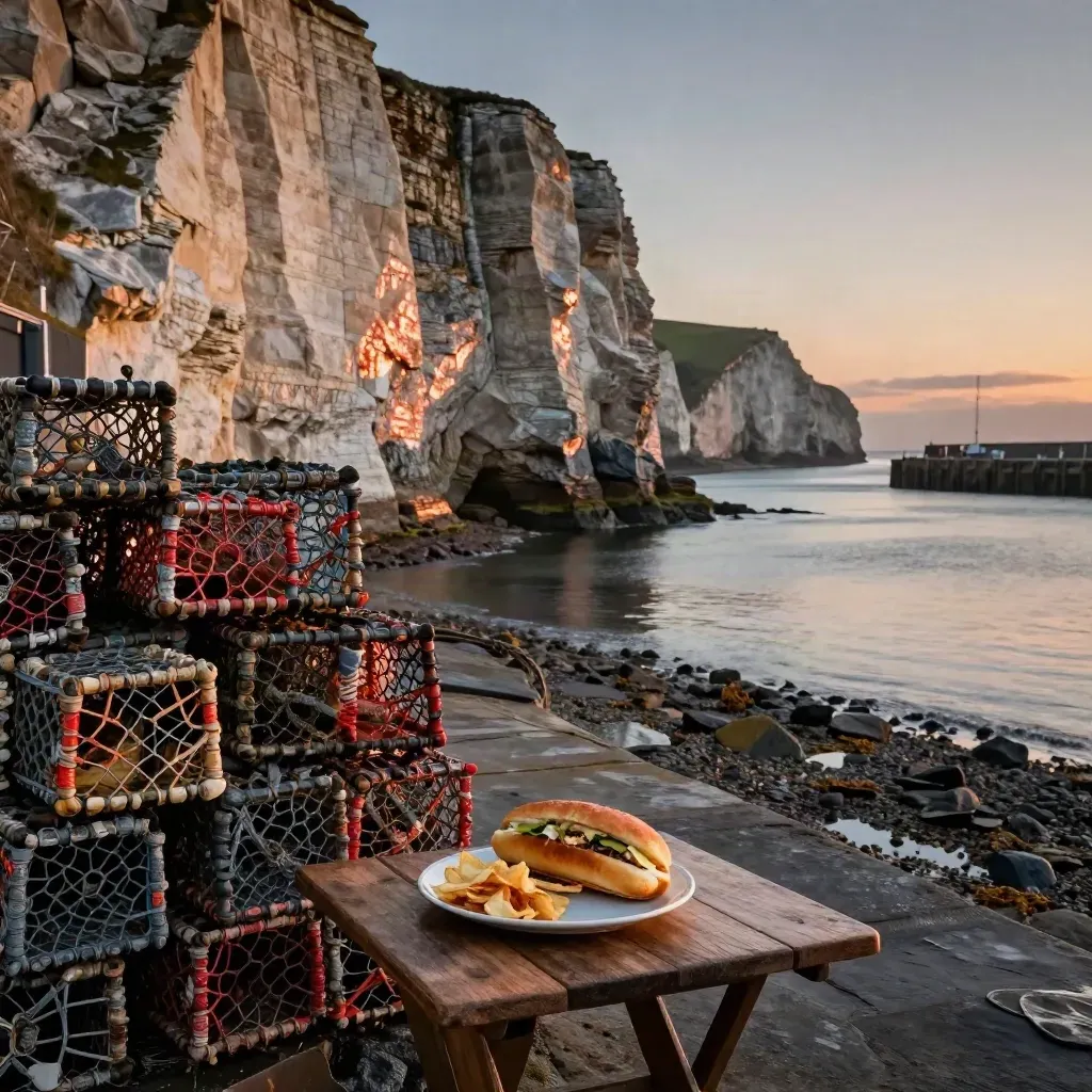 West Bay harbour wall, lobster pots, cliffs and seaside food at sunset