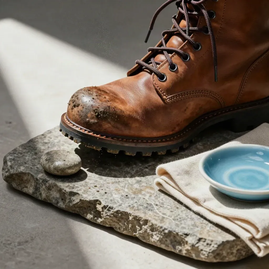 Walking boot sole with coiled lace, pebble, cloth and sea-blue dish on a stone tray.