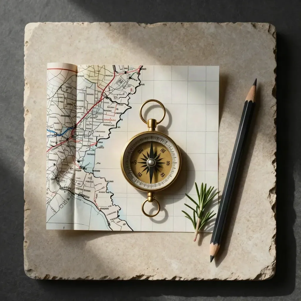 Brass compass, face-down county map, slate pencil and rosemary on sandstone stone.