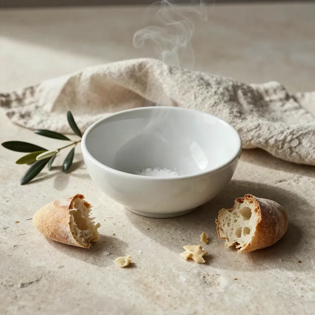 White tasting bowl with crumbs, loaf heel, linen napkin and olive branch on pale stone.