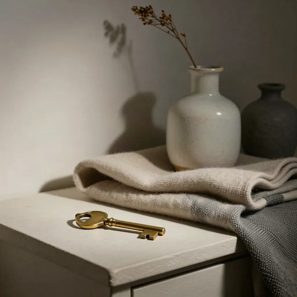 Brass key, wool throw, ceramic carafe and dried stem on a bedside ledge in soft light.