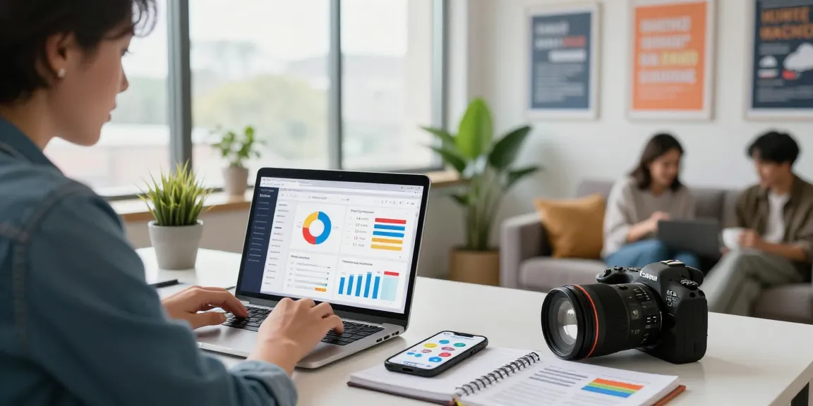 This page features a marketer analyzing data in a modern workspace, showcasing productivity tools and a vibrant atmosphere.