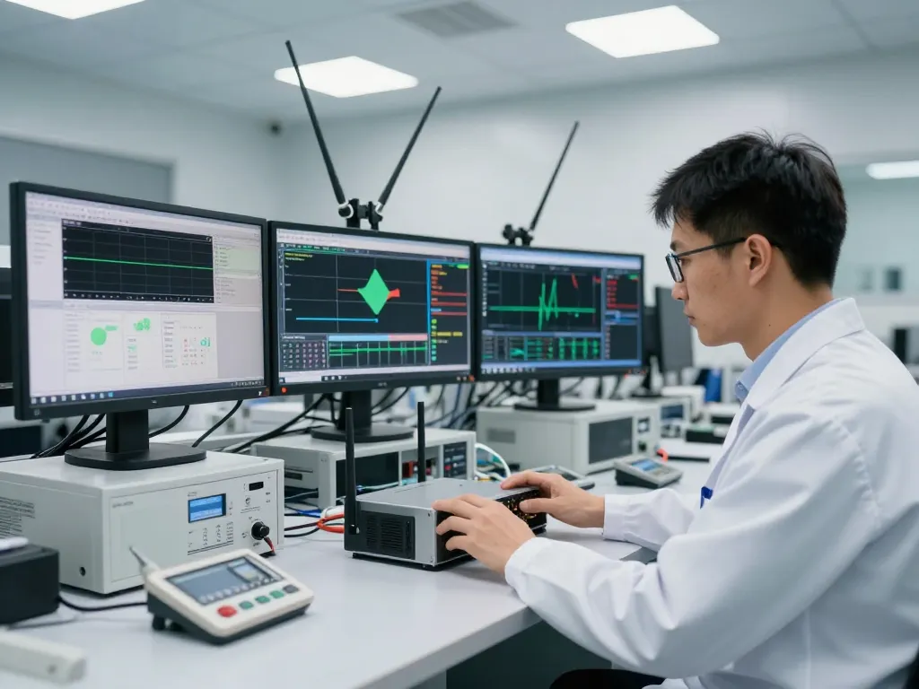 WIFI testing in a modern laboratory setting with advanced testing equipment and expert technician.
