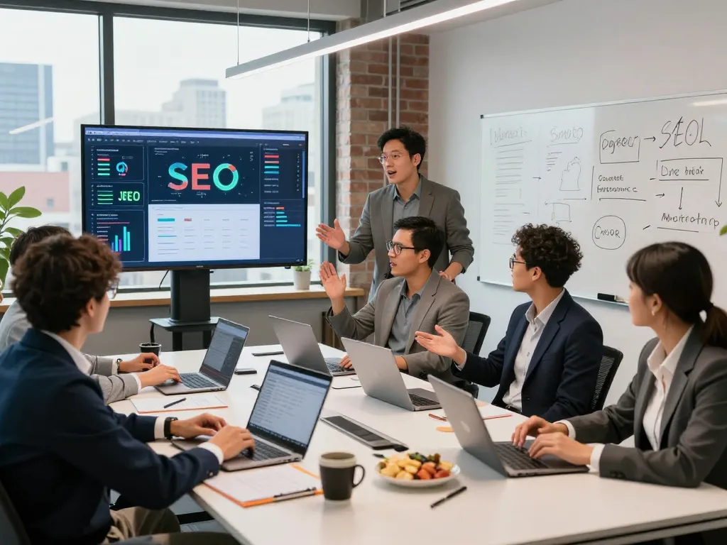 Engaged team of NYC SEO Company professionals brainstorming strategies in a vibrant office setting.