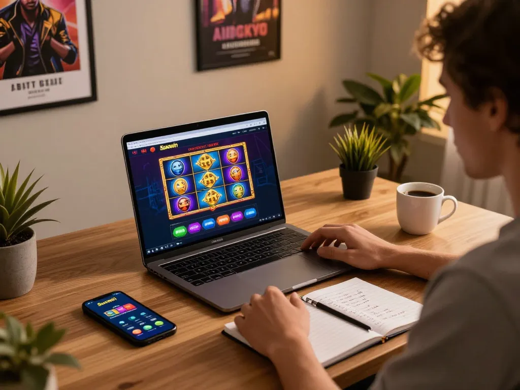 Sunwin online gaming session with player using laptop for slot games in a cozy office.