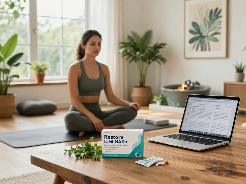 NAD+ benefits highlighted in a serene home office with buccal strips and wellness elements.