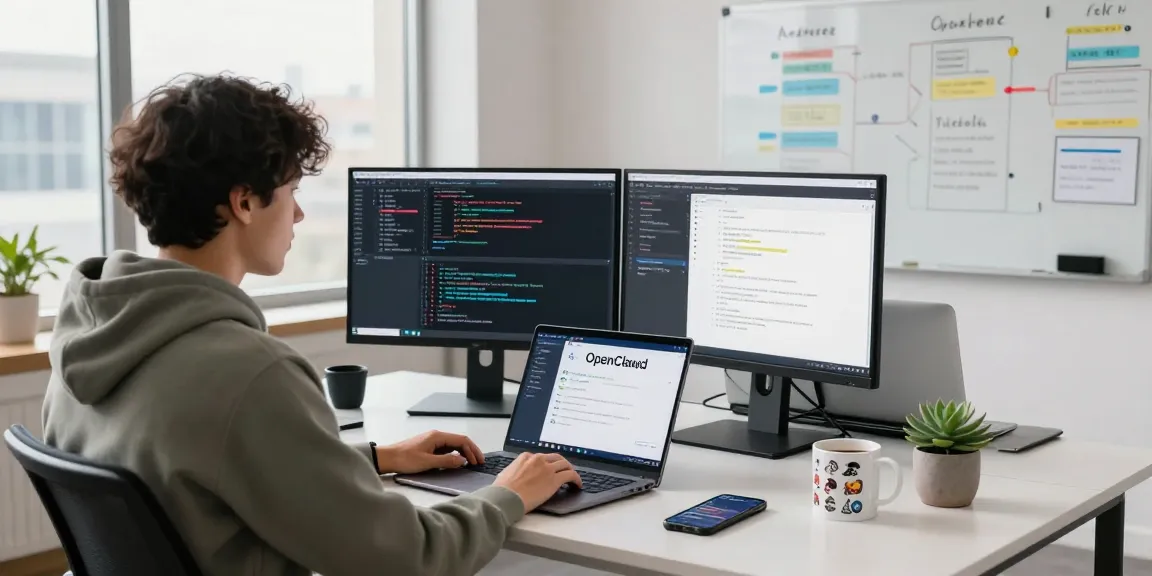 openclawd software development workspace with coding monitors and tech decor