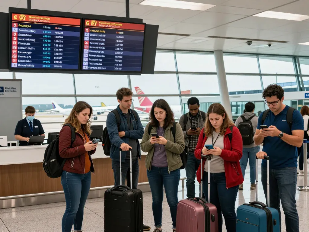 Travelers in airport amidst Global Security Alert, checking updates on travel safety.