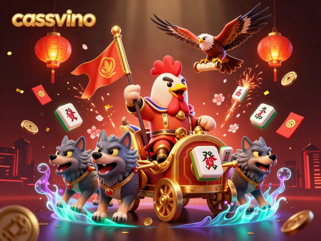 Casvvino showcases its dynamic online casino experience featuring a rooster warlord, golden symbols, and festive elements.