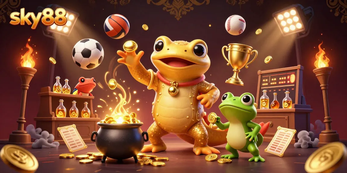 Engaging scene of sky88 lottery with vibrant golden elements, gold coins, and thrilling sports balls in action.