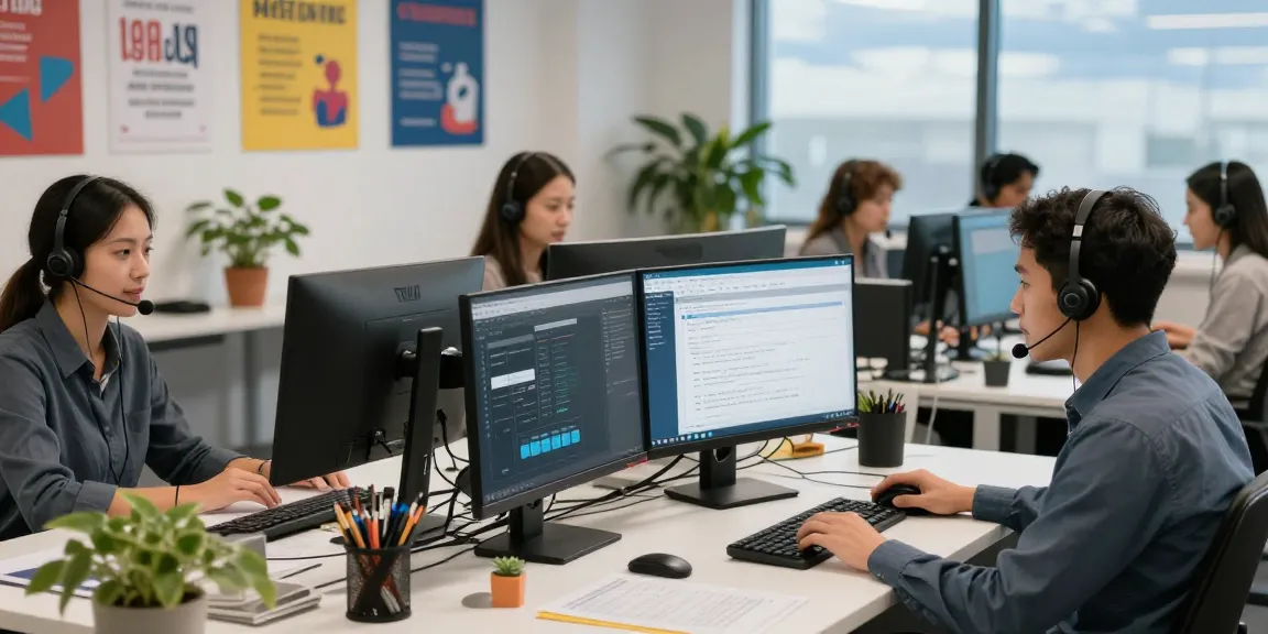 Customer support agents handling Telus-Technical-Support inquiries in a modern office setting.
